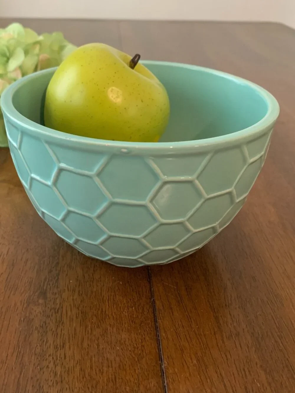 Aqua Teal Ceramic Honeycomb Bowl Geometric Textured Fruit Bowl 6 Inch